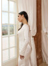 Long Sleeves Ivory Satin Tie Back Slit Modern Wedding Dress